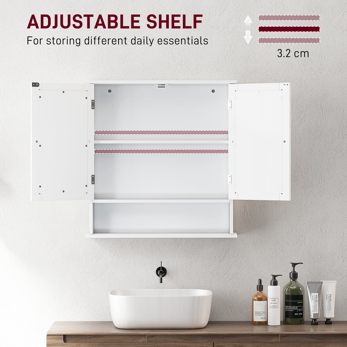 Wall Mounted Mirror Cabinet W/ Double Mirror Doors & Adjustable Shelf