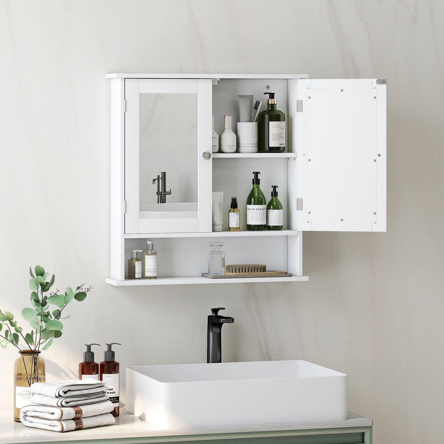 Wall Mounted Mirror Cabinet W/ Double Mirror Doors & Adjustable Shelf