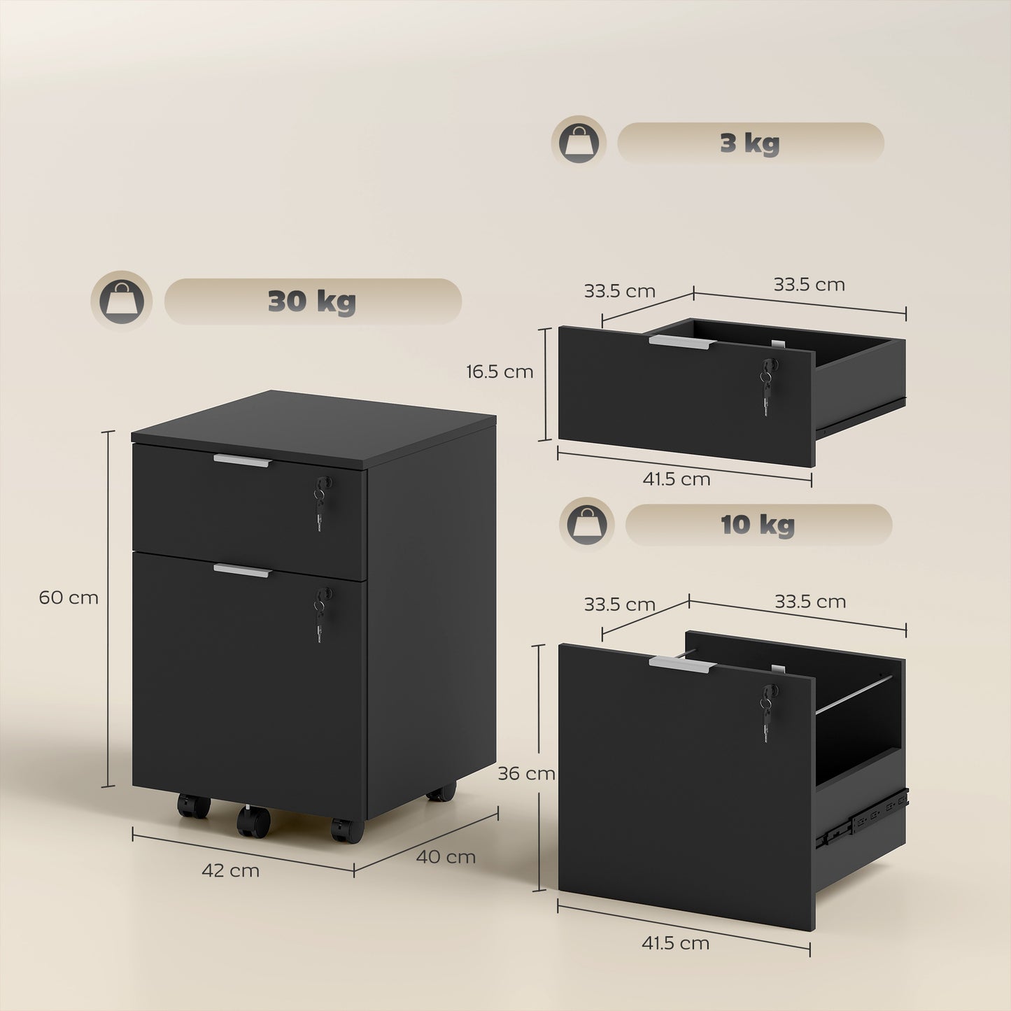 2 Drawer Filing Cabinet with Adjustable Hanging Bars for A4 and Letter