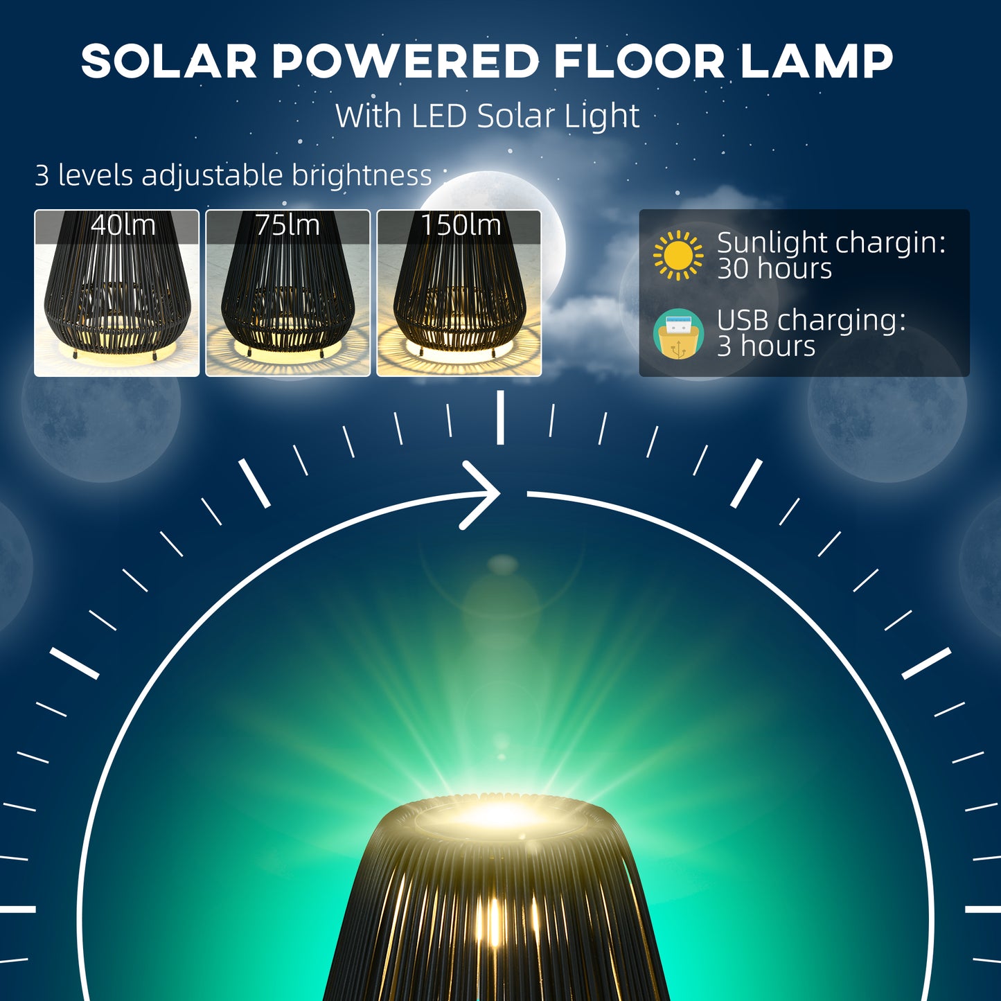 3-Level Adjustable Garden Rattan Solar Lantern, Black