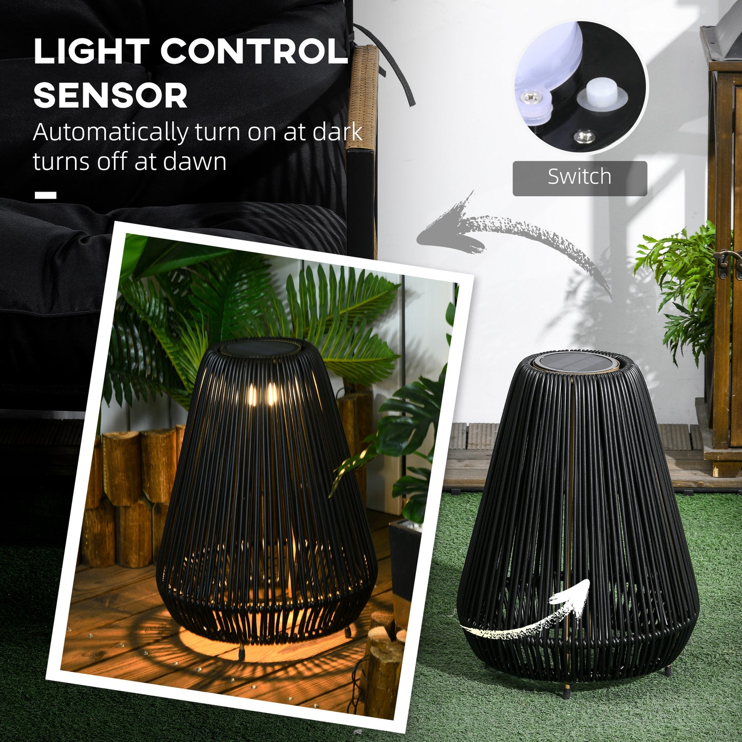 3-Level Adjustable Garden Rattan Solar Lantern, Black