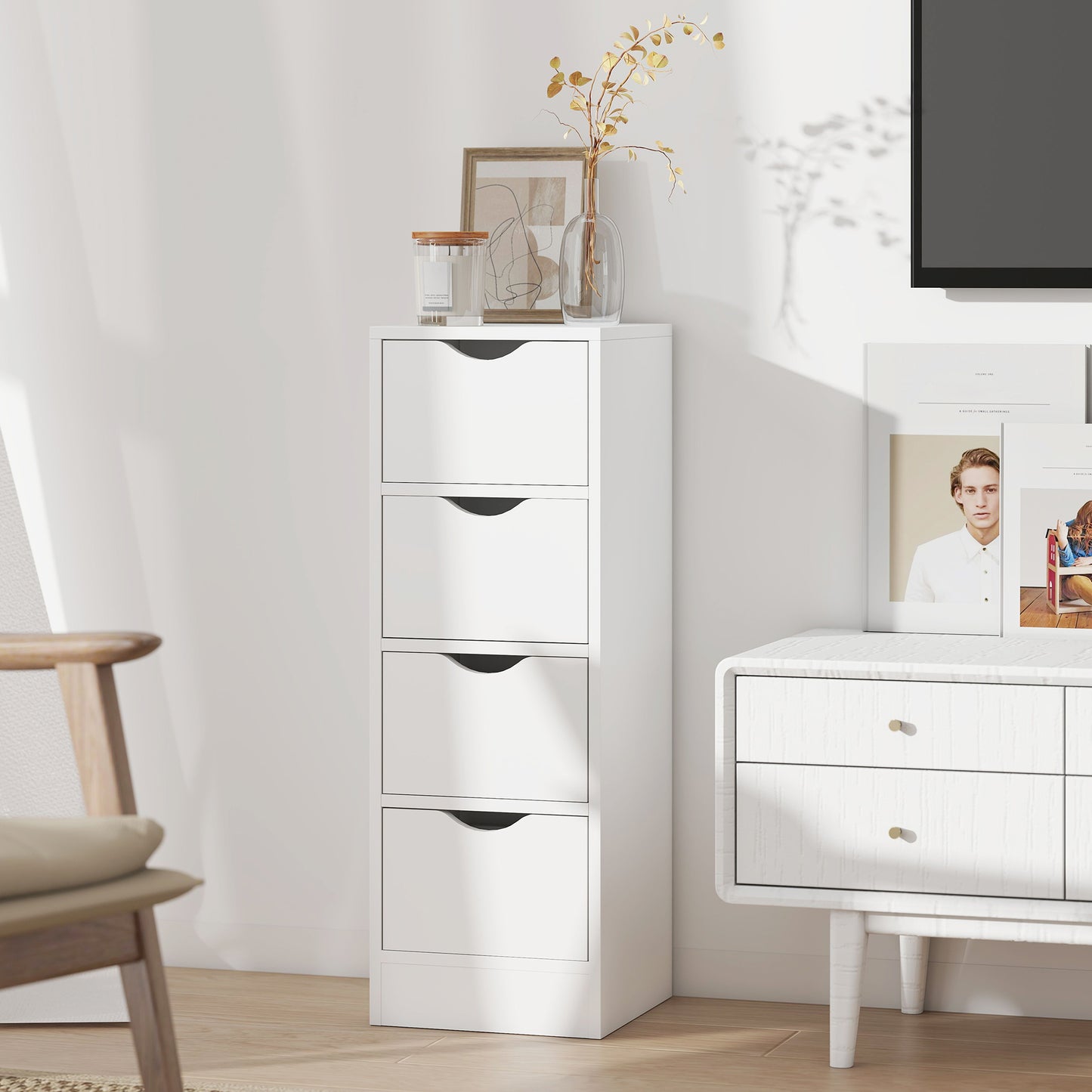 4-Drawer Bathroom Cabinet, Freestanding Narrow Cabinet, White