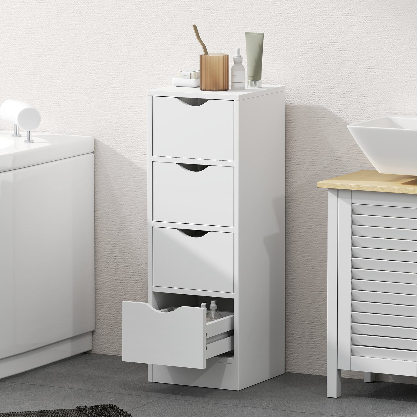 4-Drawer Bathroom Cabinet, Freestanding Narrow Cabinet, White