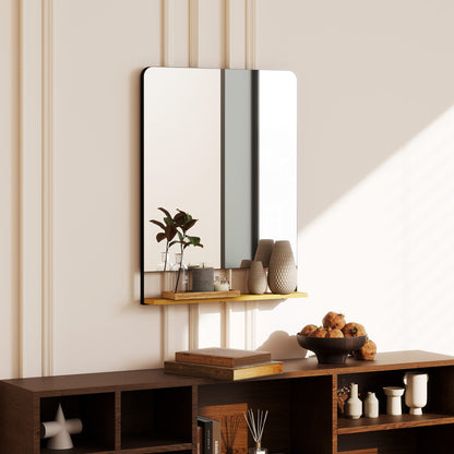 Decorative Mirror with Wood Shelf, Industrial Wall Mirror, Black