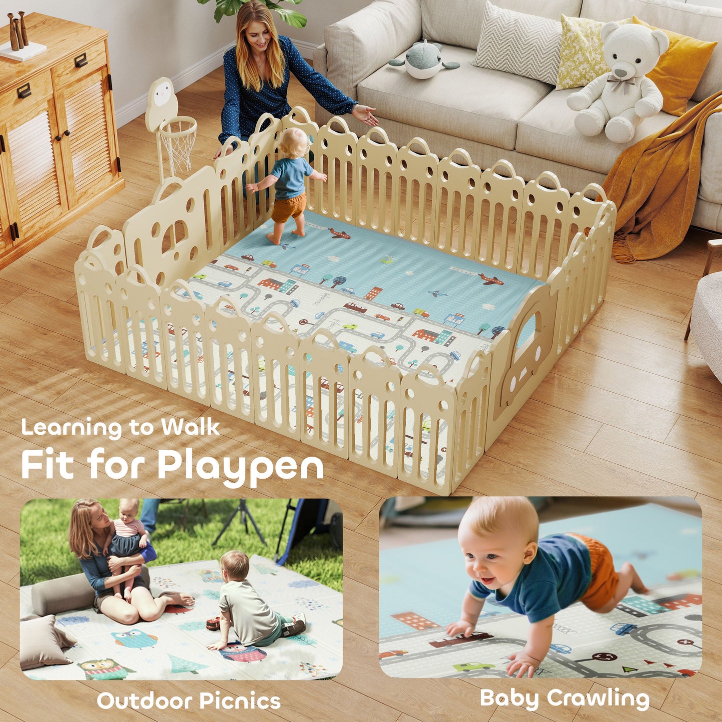 Baby Play Mat Double-Sided, Kids Floor Mat, Car Track and Owl Theme