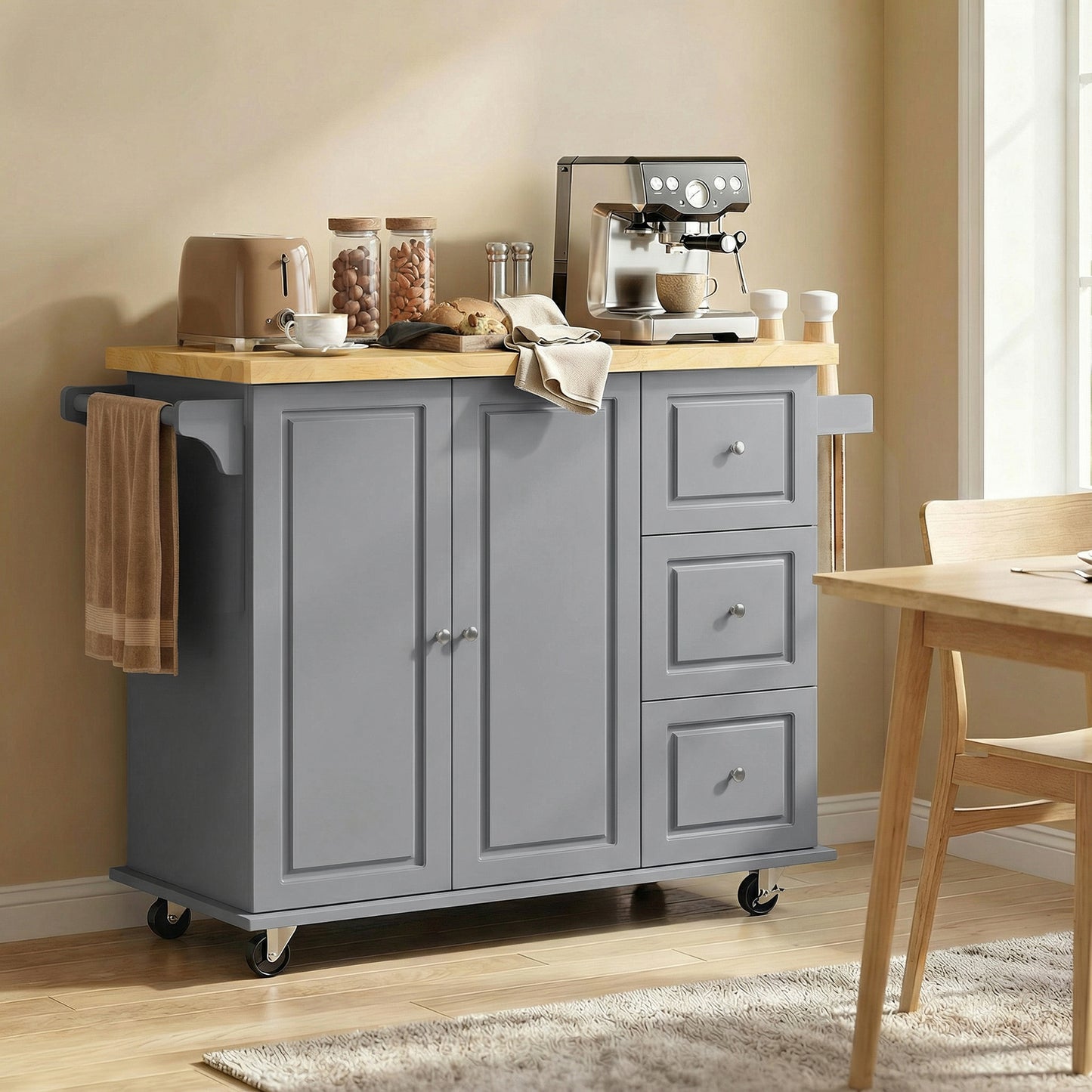 Rolling Kitchen Island, Kitchen Storage Trolley w/ Drop Leaf, Drawers