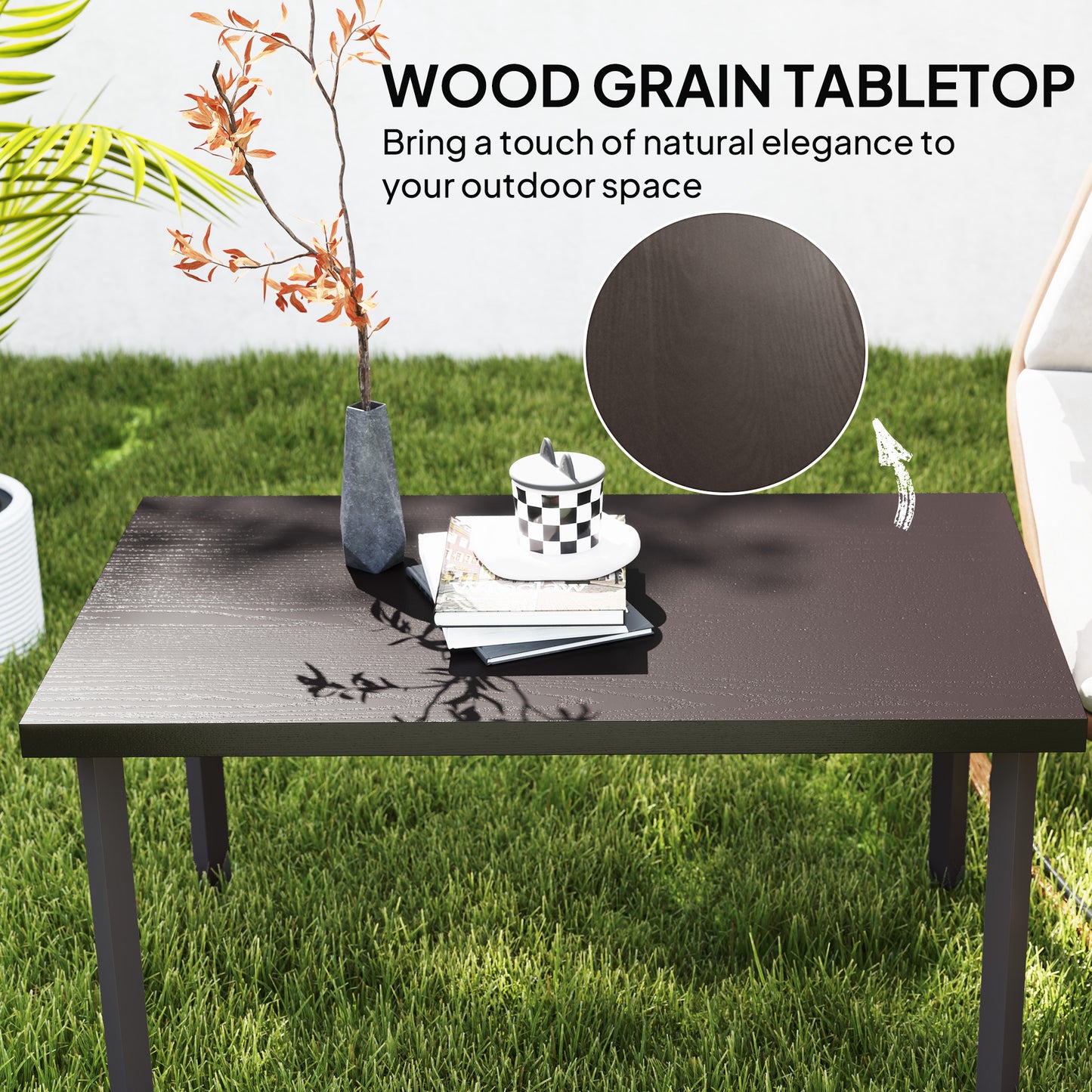 Metal Garden Coffee Table with Woodgrain Tabletop, Brown