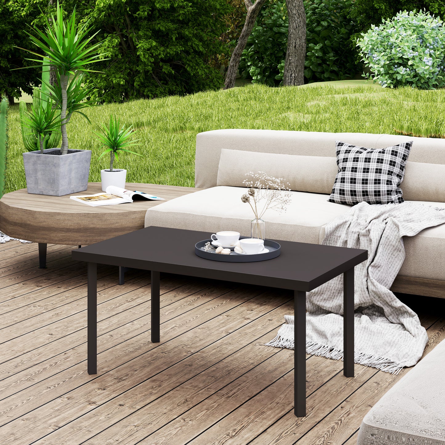 Metal Garden Coffee Table with Woodgrain Tabletop, Brown