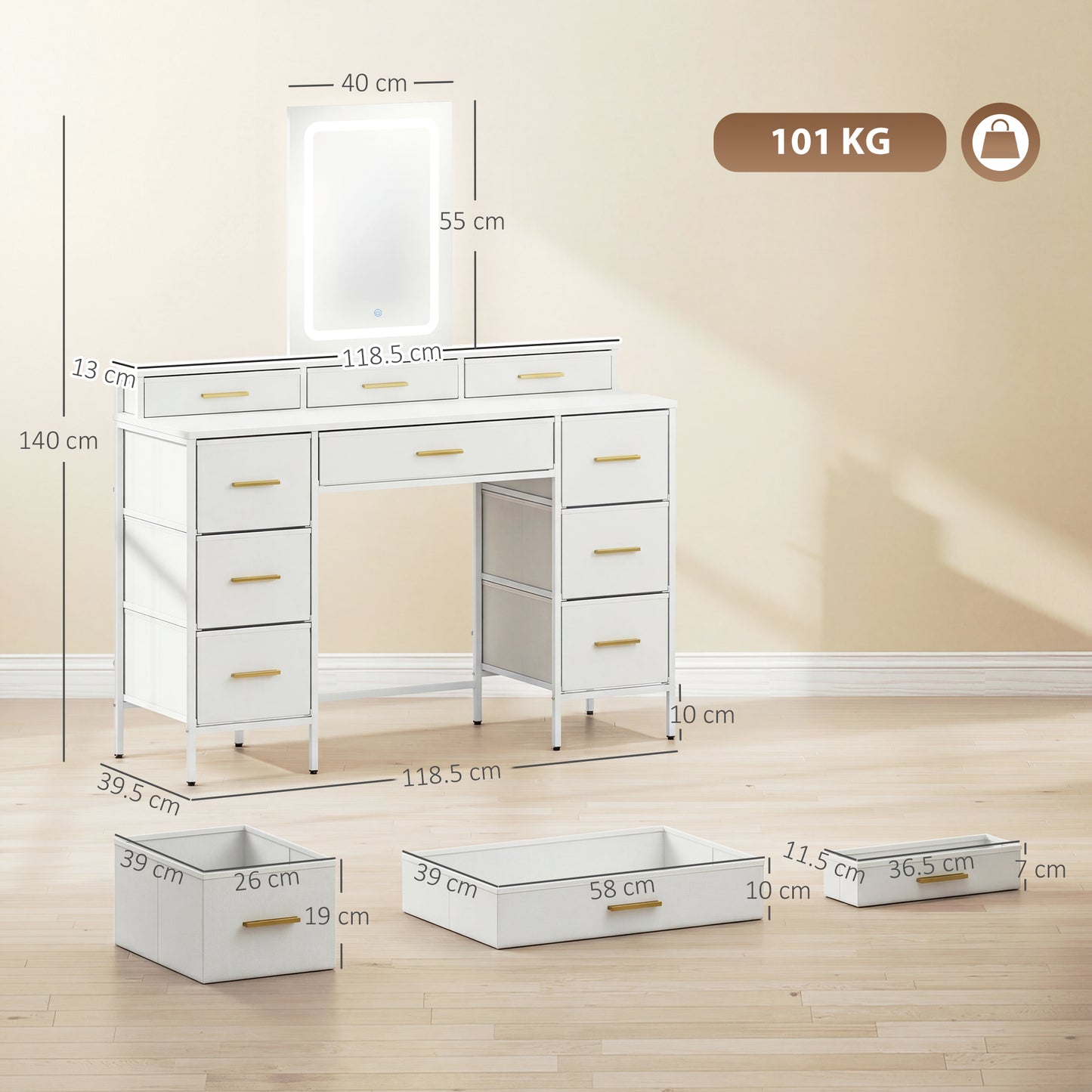 Dressing Table with LED Lighting Mirror and 10 Drawers, White