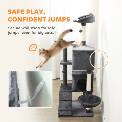 160cm Cat Tree Tower with Sisal Scratching Posts, Condos, Dark Grey