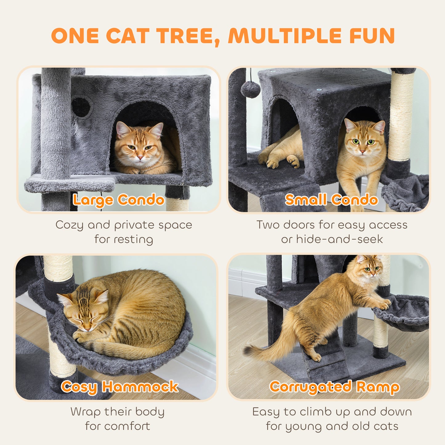 160cm Cat Tree Tower with Sisal Scratching Posts, Condos, Dark Grey