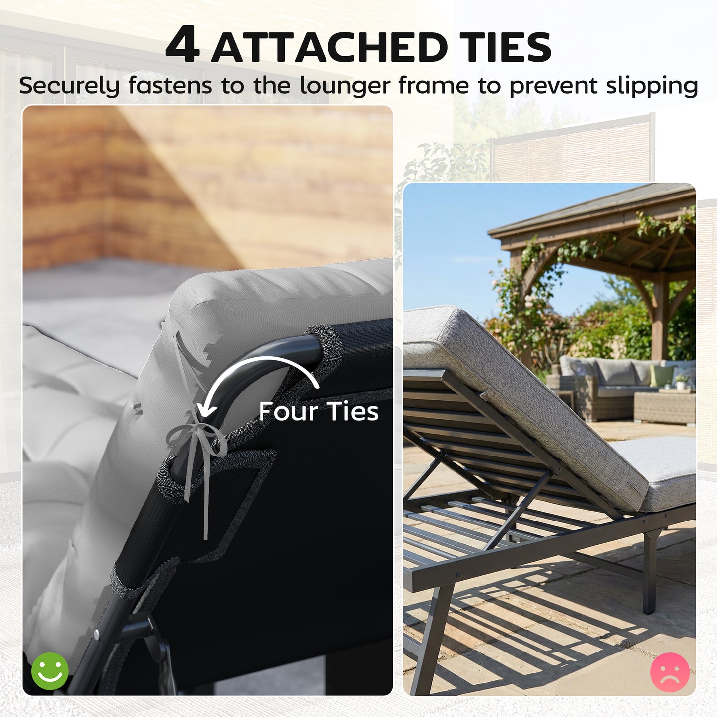 Sun Lounger Cushions Only, Sunbed Replacement Pads with 4 Ties