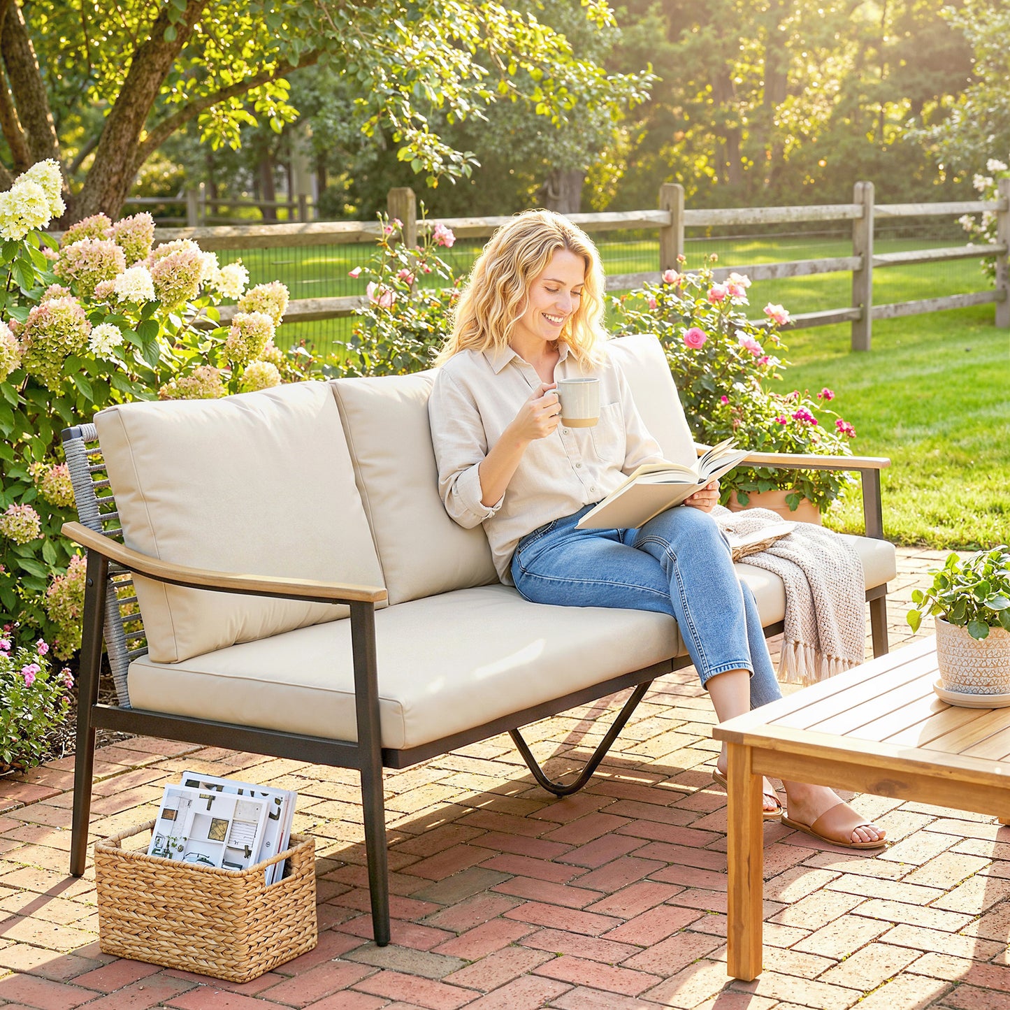 3 Seater Rattan Garden Sofa with Wood-Effect Arms, Cushions, Khaki