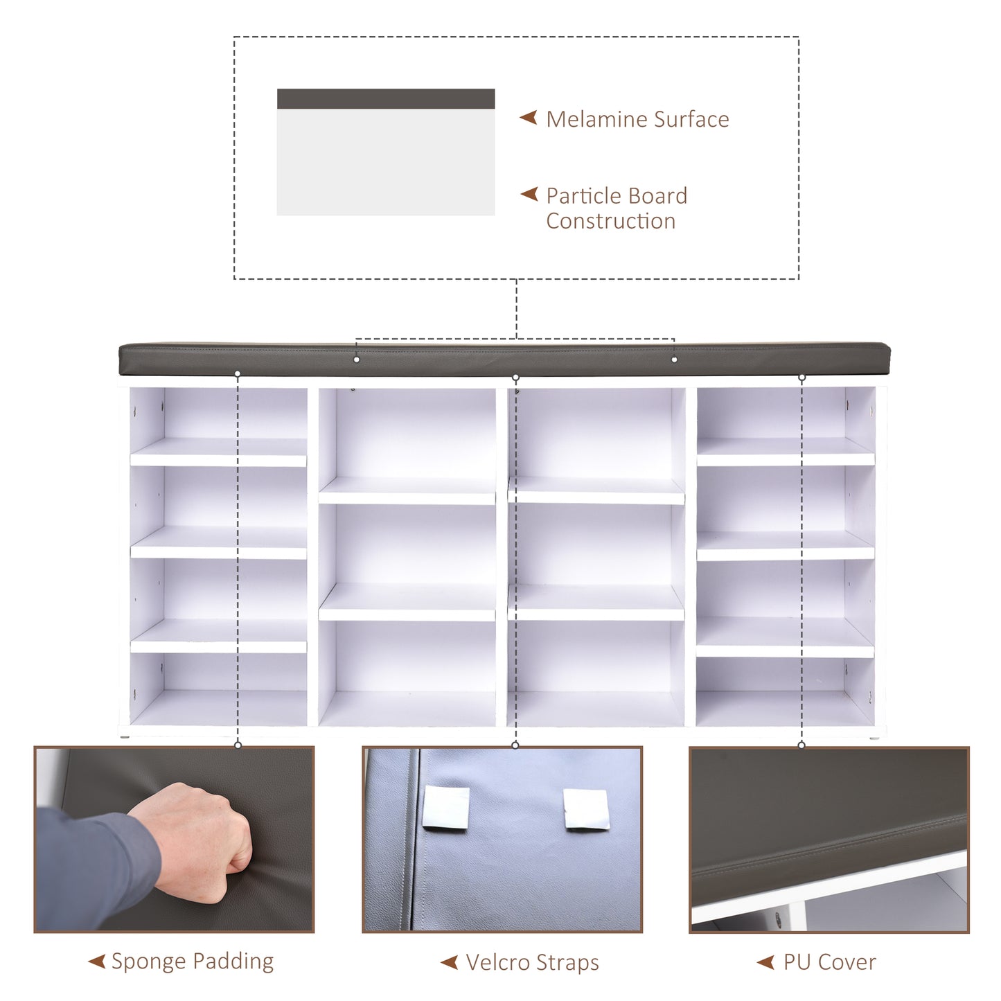 Multi-Storage Shoe Rack 14 Compartments Cushion Moving Shelves Home White
