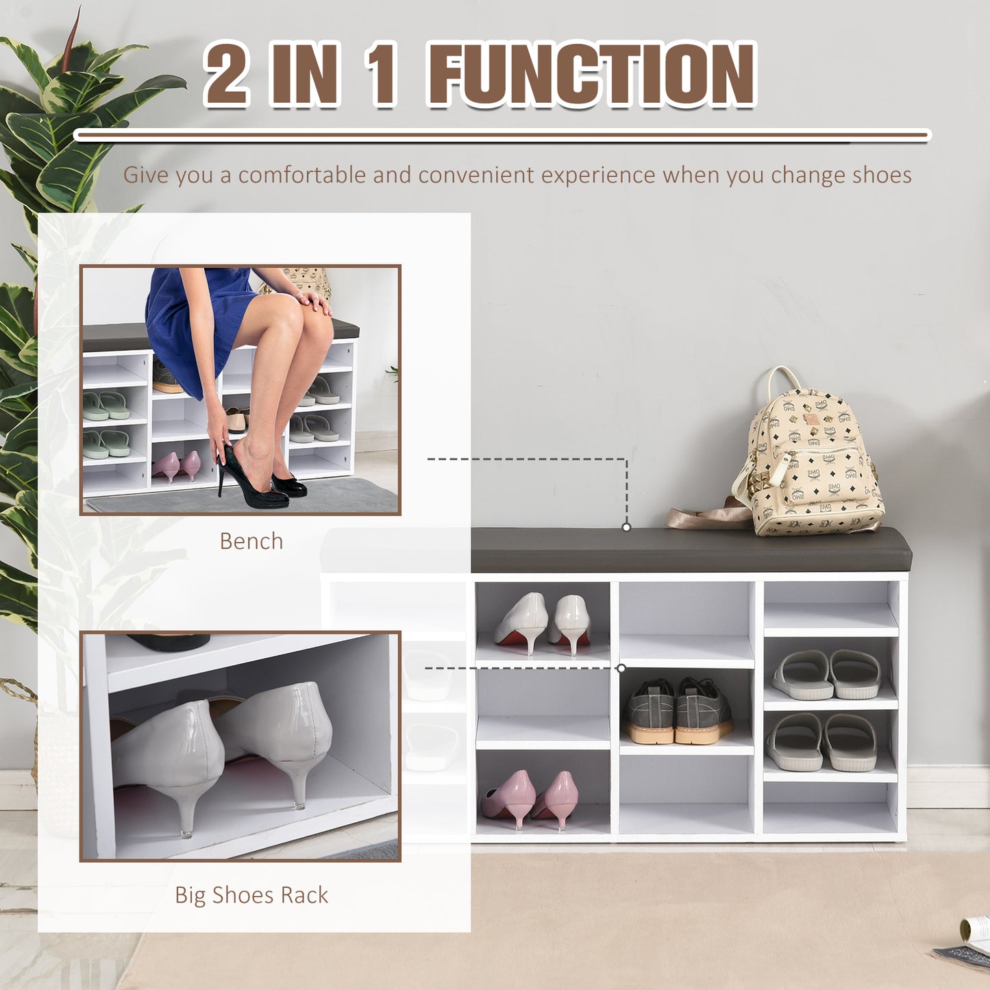 Multi-Storage Shoe Rack 14 Compartments Cushion Moving Shelves Home White
