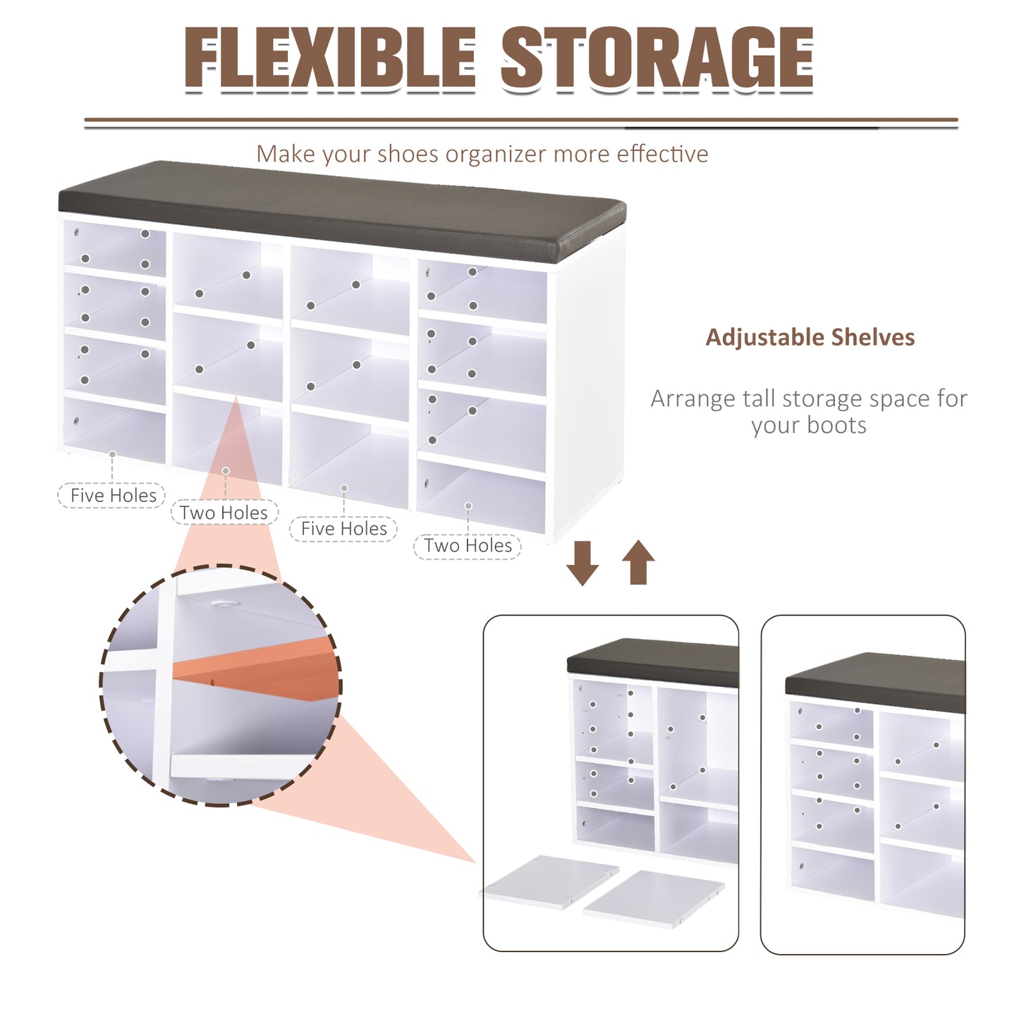 Multi-Storage Shoe Rack 14 Compartments Cushion Moving Shelves Home White