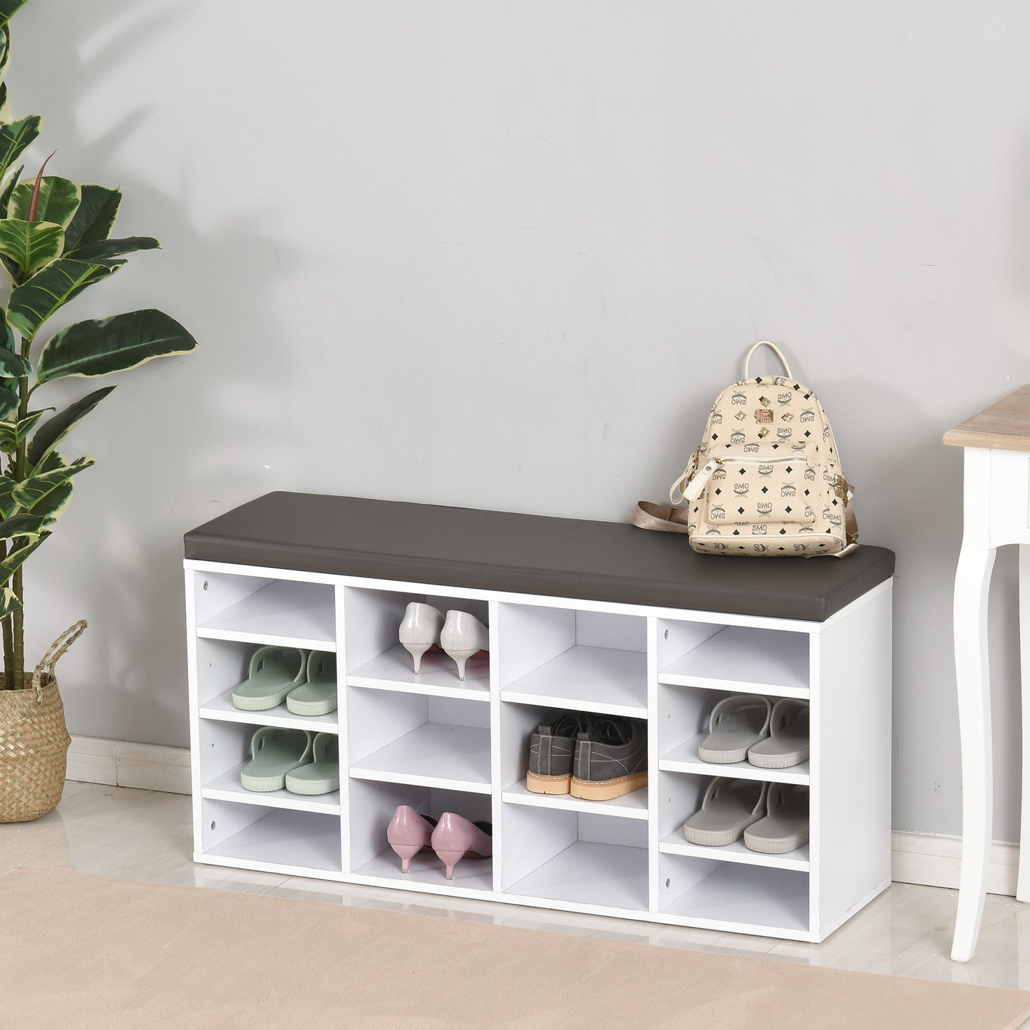 Multi-Storage Shoe Rack 14 Compartments Cushion Moving Shelves Home White