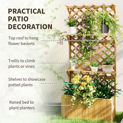 Wooden Raised Planter with Trellis and 2 Shelves, Nature Wood
