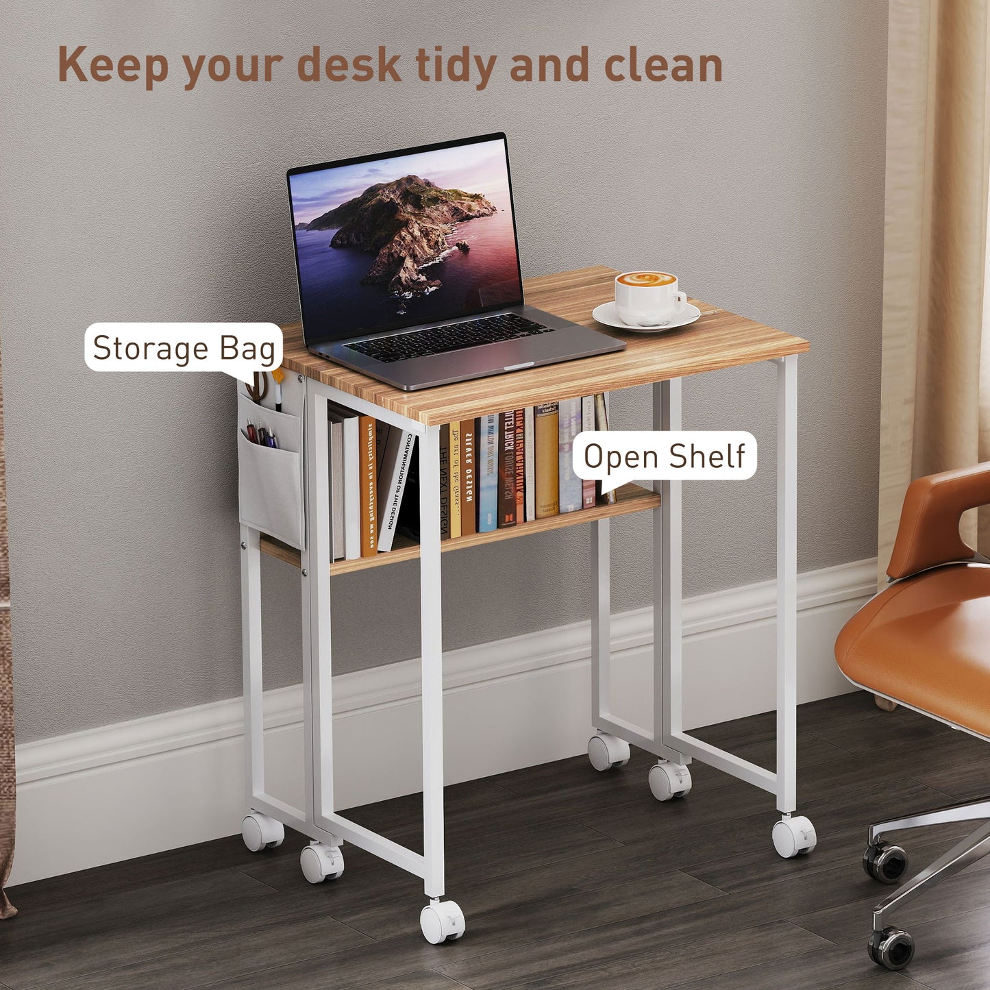 63 cm Foldable Computer Desk on Wheels for Small Spaces Natural