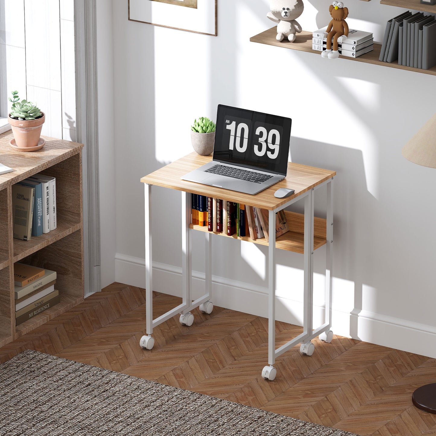 63 cm Foldable Computer Desk on Wheels for Small Spaces Natural