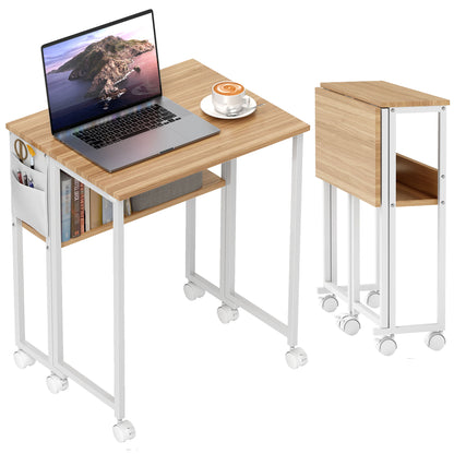 63 cm Foldable Computer Desk on Wheels for Small Spaces Natural