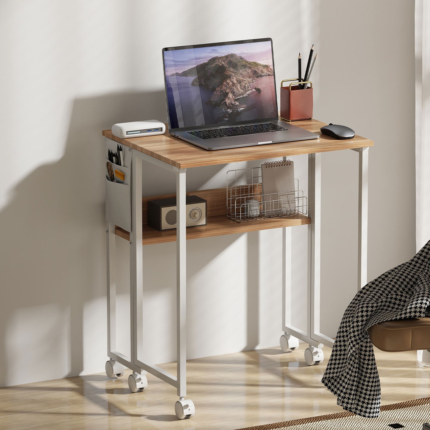 63 cm Foldable Computer Desk on Wheels for Small Spaces Natural