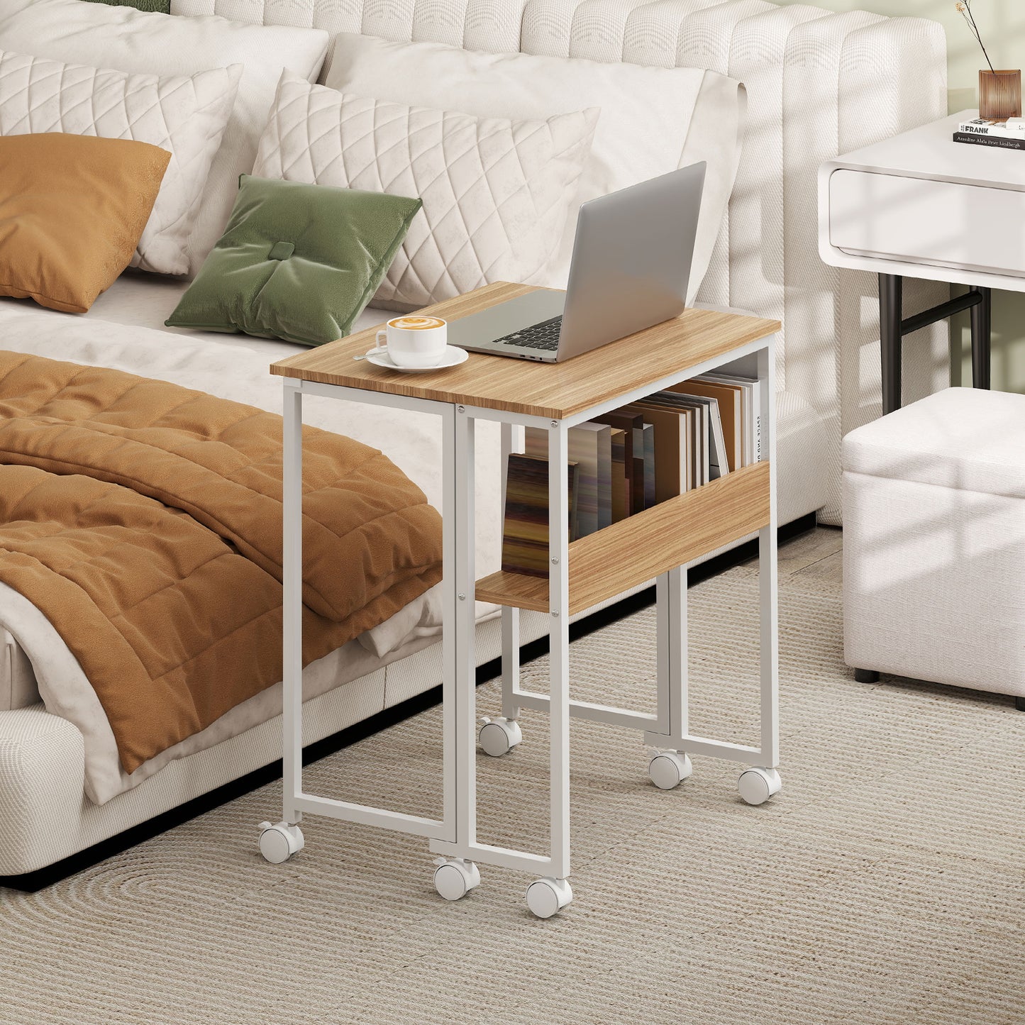 63 cm Foldable Computer Desk on Wheels for Small Spaces Natural