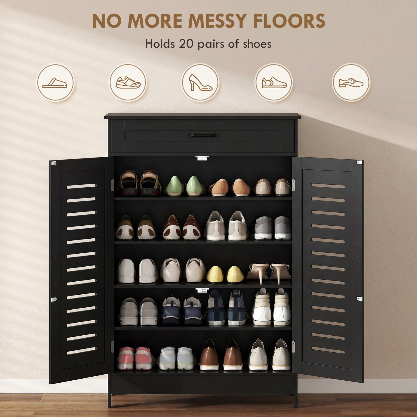 Modern Shoe Storage Cabinet with Louvered Doors and Drawer, Black