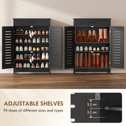 Modern Shoe Storage Cabinet with Louvered Doors and Drawer, Black