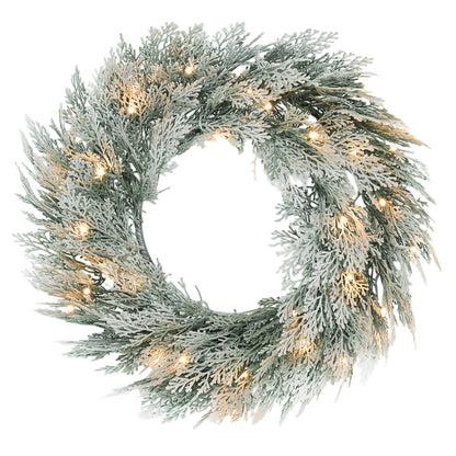 60 cm Prelit Christmas Wreath, Flocked Front Door Wreath with Timer