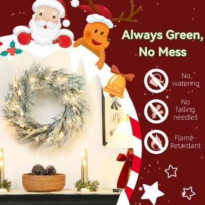 60 cm Prelit Christmas Wreath, Flocked Front Door Wreath with Timer