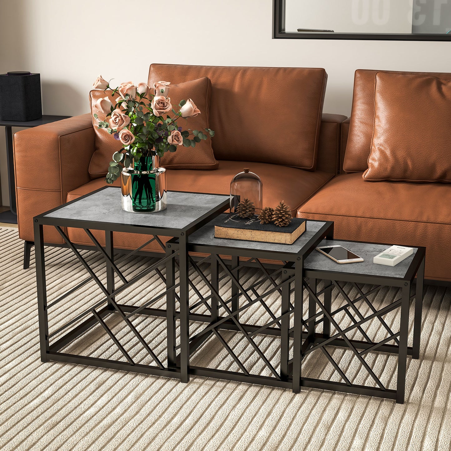 Set of 3 Nesting Coffee Tables Square End Tables w/ Metal Frame, Grey