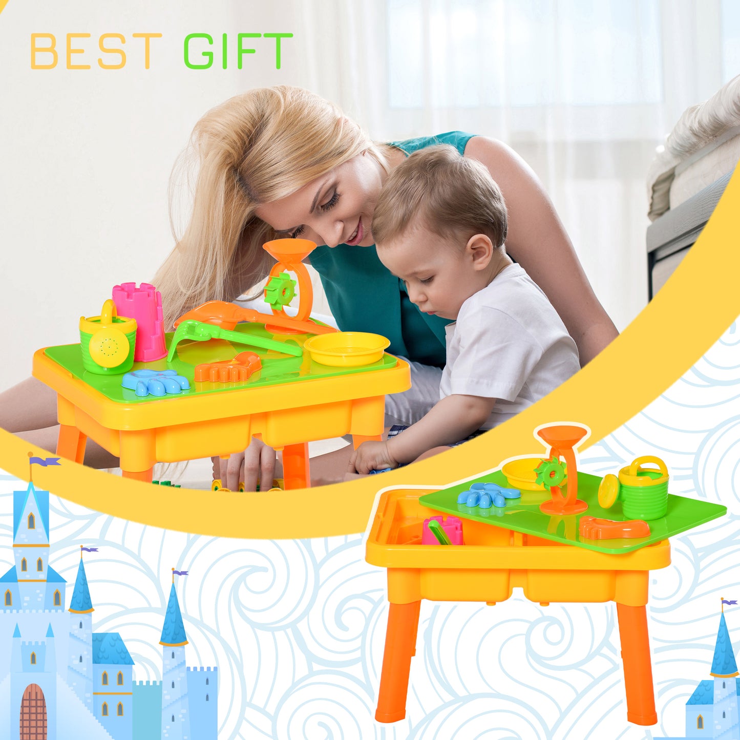 Sand and Water Table Beach Toy Set 2 in 1 Outdoor Activities Playset for Kids with Lid and Accessories Double Compartment Sandpit Sandbox