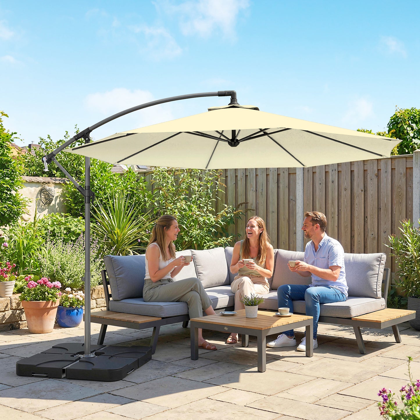 3(m) Banana Parasol Cantilever Umbrella Garden w/ Base Weights - Sand