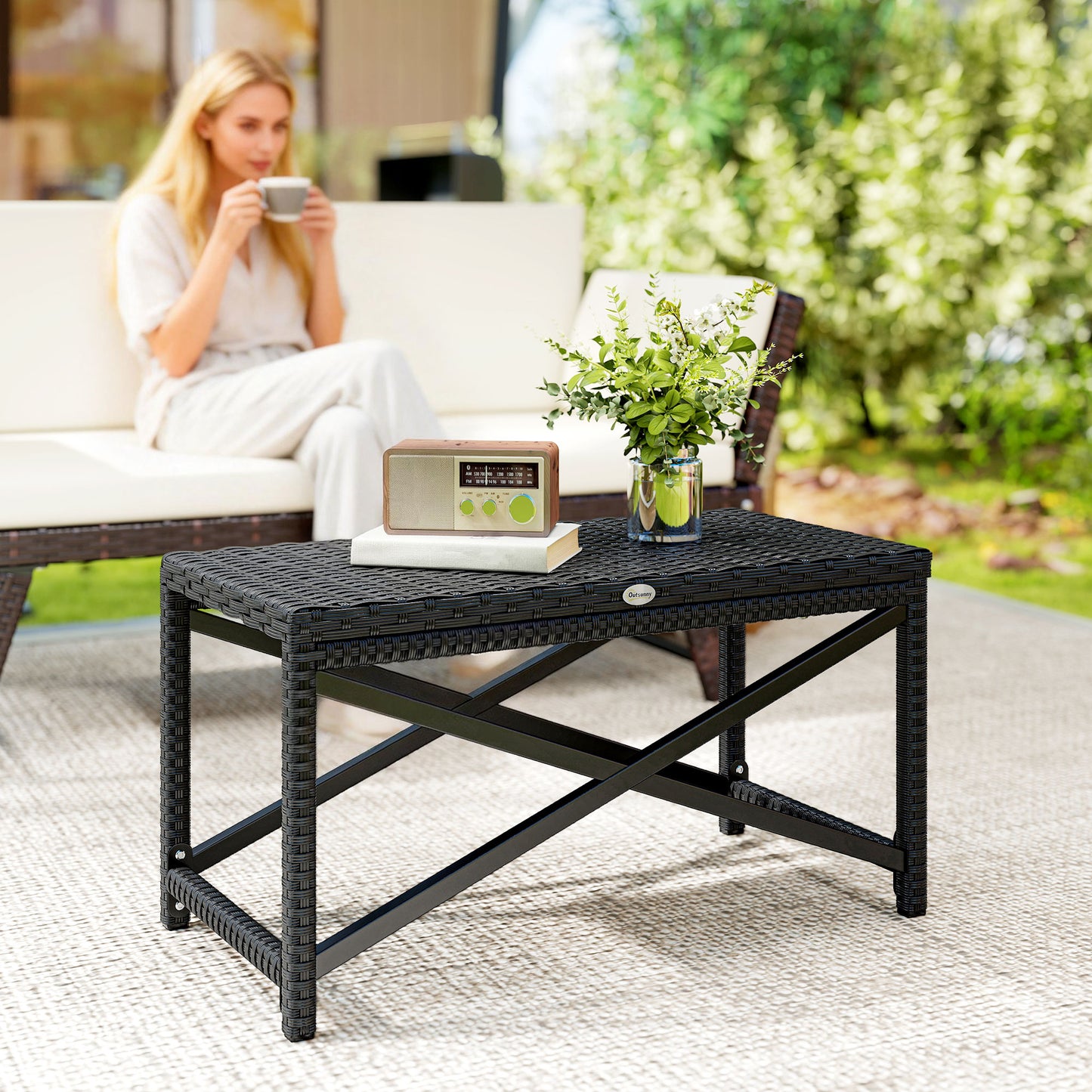Outdoor Coffee Table, PE Rattan Side Table w/ Plastic Board, Black