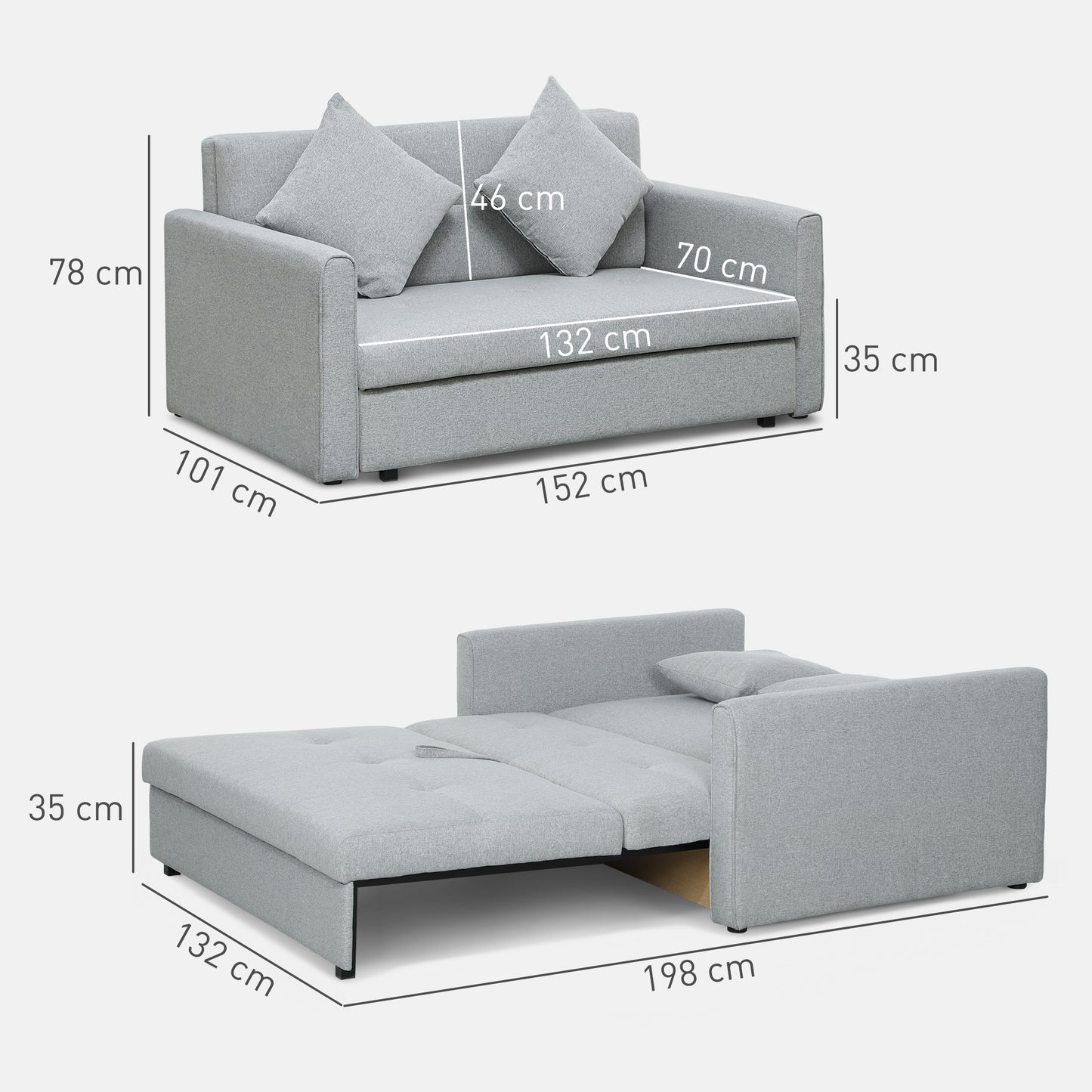 2 Seater Sofa Bed Convertible Bed Settee w/ 2 Cushions Light Grey