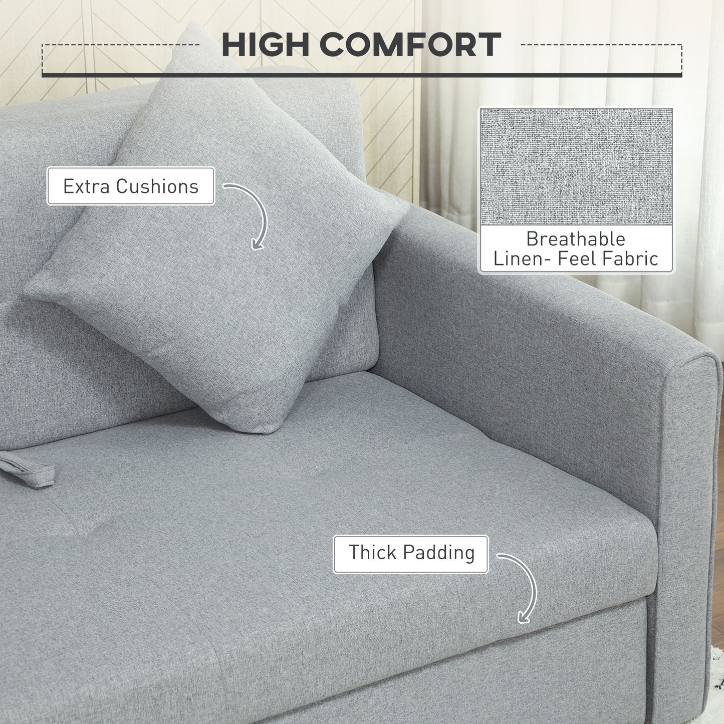 2 Seater Sofa Bed Convertible Bed Settee w/ 2 Cushions Light Grey