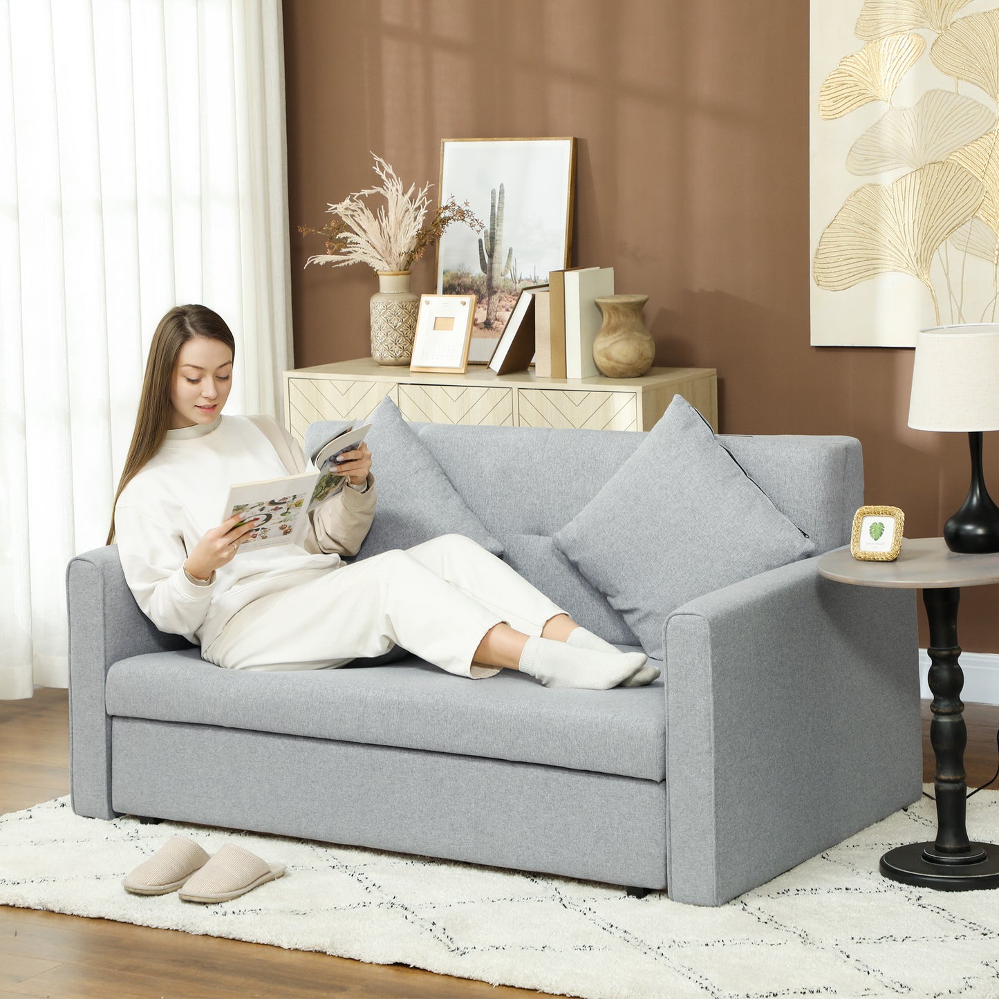 2 Seater Sofa Bed Convertible Bed Settee w/ 2 Cushions Light Grey
