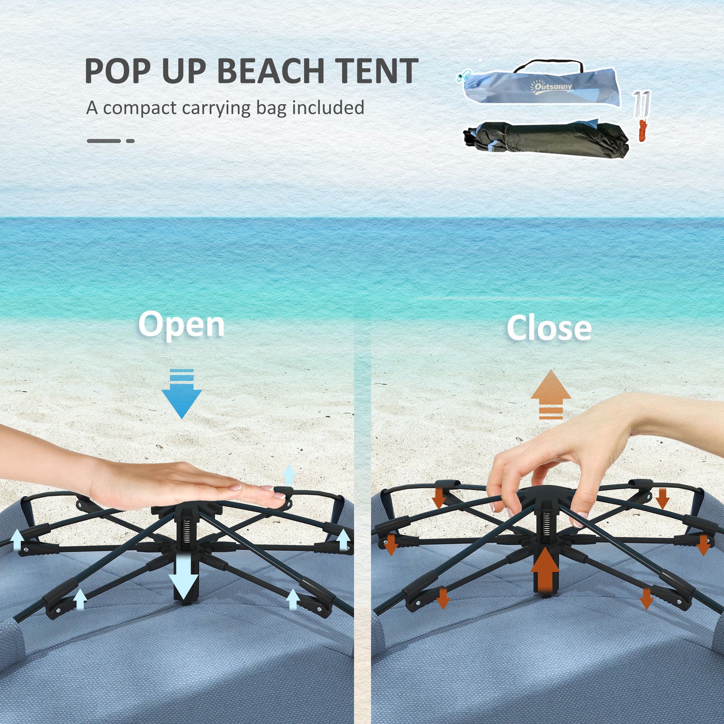 2-3 Person Pop Up Beach Tent, UPF15+ Sun Shelter with Extended Floor, Sandbags, Mesh Windows and Carry Bag, Blue