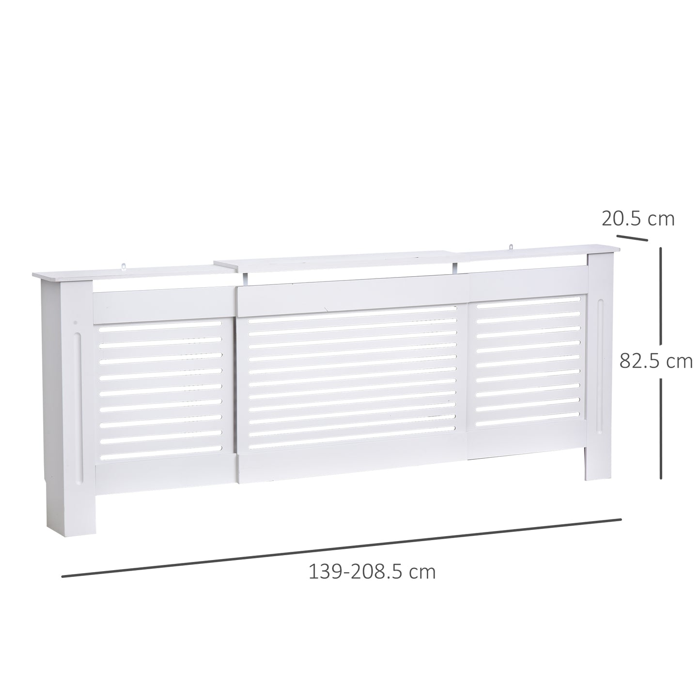 MDF Extendable Radiator Cover Cabinet Shelving Home Office Slatted Design White 139-208.5L x 20.5W x 82.5H cm