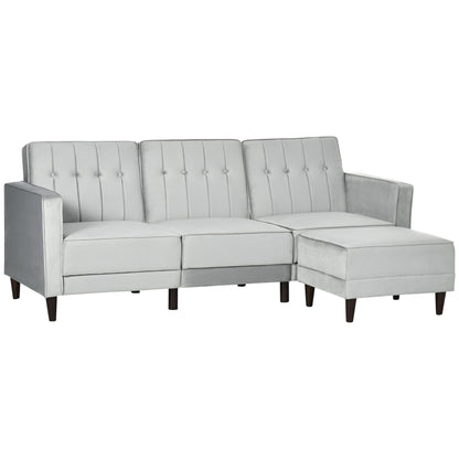 L Shape Sofa Bed Set with 3-Seater Sofa and Footstool, Corner Sofa Bed with Ottoman, Grey