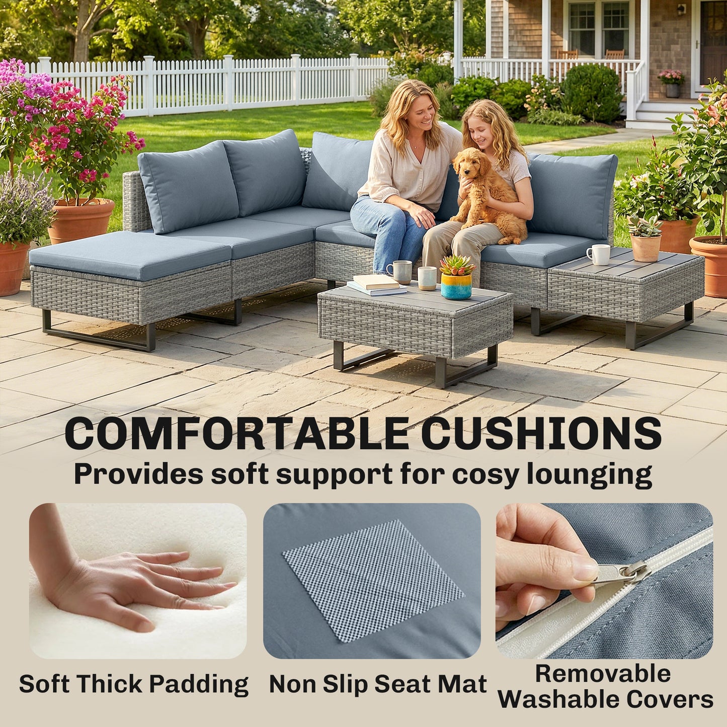 5 Seater Rattan Garden Furniture Set, Adjustable Back Corner Sofa Outdoor Lounge Set, Loveseat, Faux Wood Table, Cushions, L Shaped Patio Furniture Conversation Sets, Metal Frame, Grey