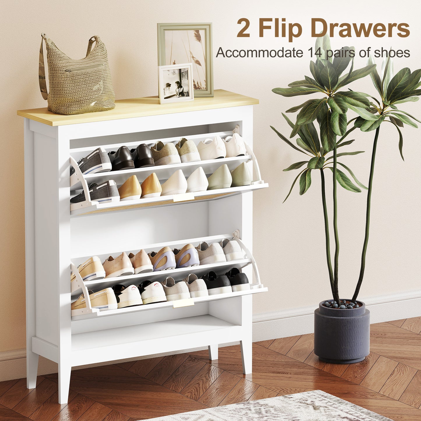 Shoe Storage Cabinet with 2 Flip Drawers, Boho Slim Shoe Cabinet with Rattan Doors for Entryway, Hallway, Holds 14 Pairs, White