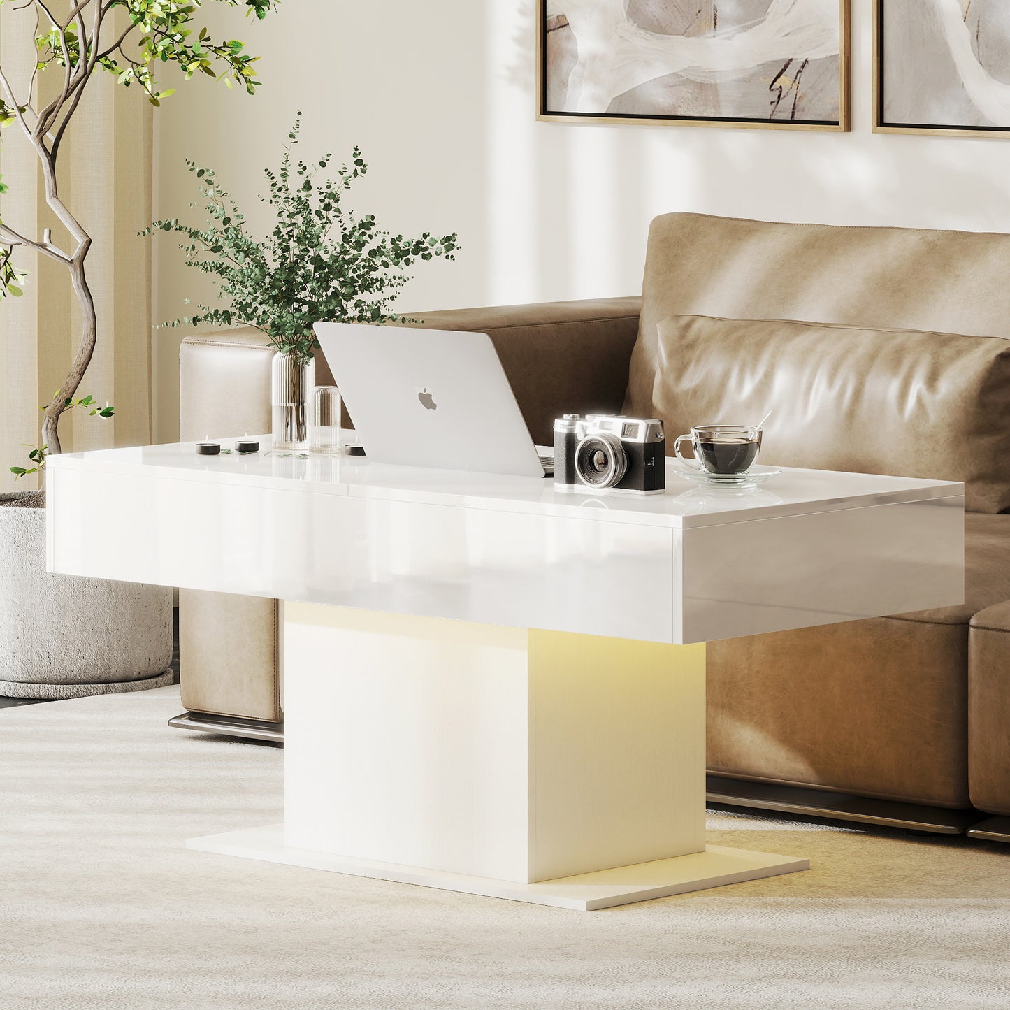 Extendable Coffee Table, Living Room Table with LED Lights, White