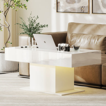 Extendable Coffee Table, Living Room Table with LED Lights, White