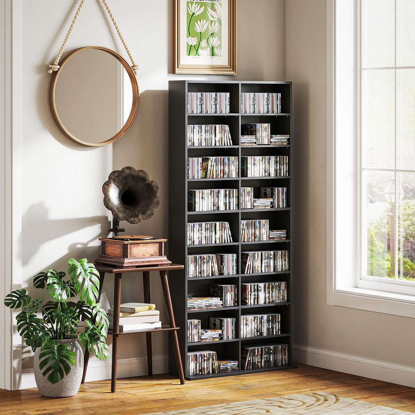 640 CD Storage Unit 360 DVD Storage Tower w/ 18 Compartments Black