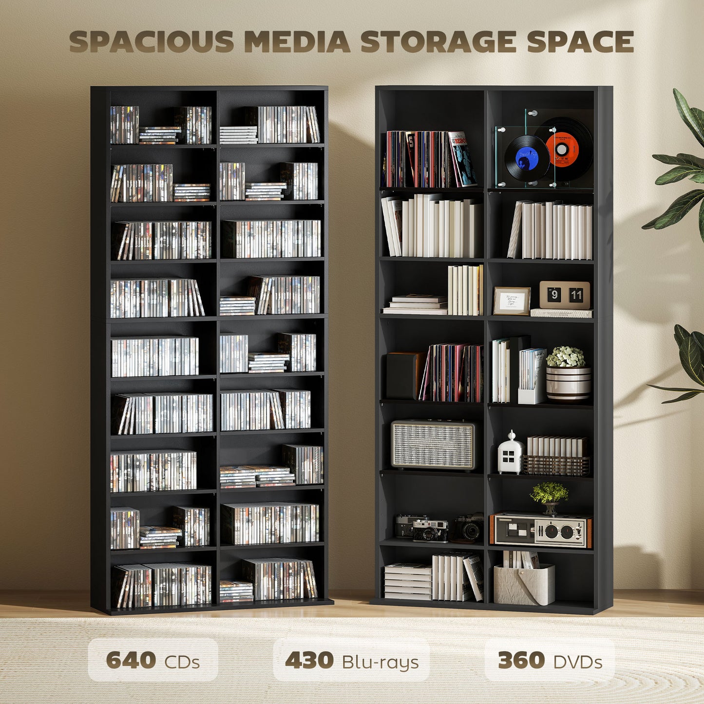 640 CD Storage Unit 360 DVD Storage Tower w/ 18 Compartments Black