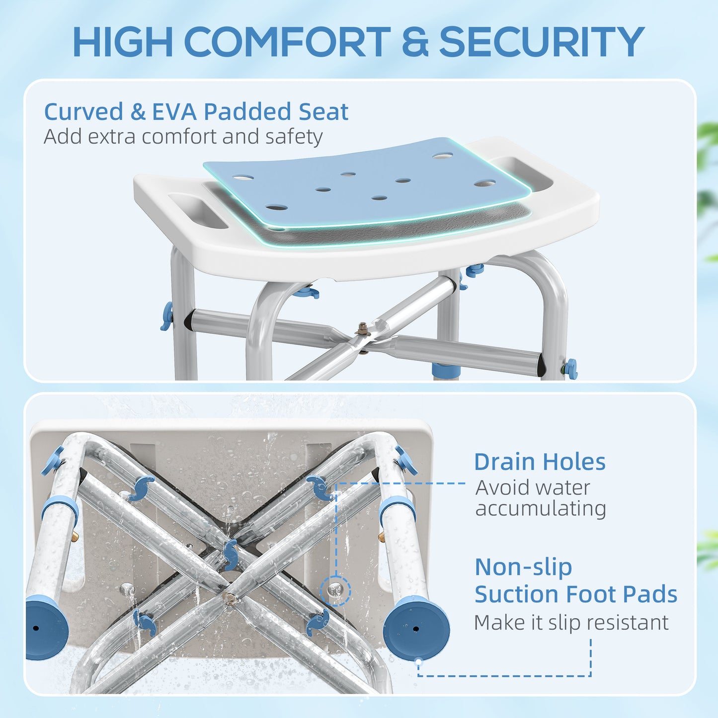 Adjustable Shower Stool with Foot Pads for Elderly, Light Blue