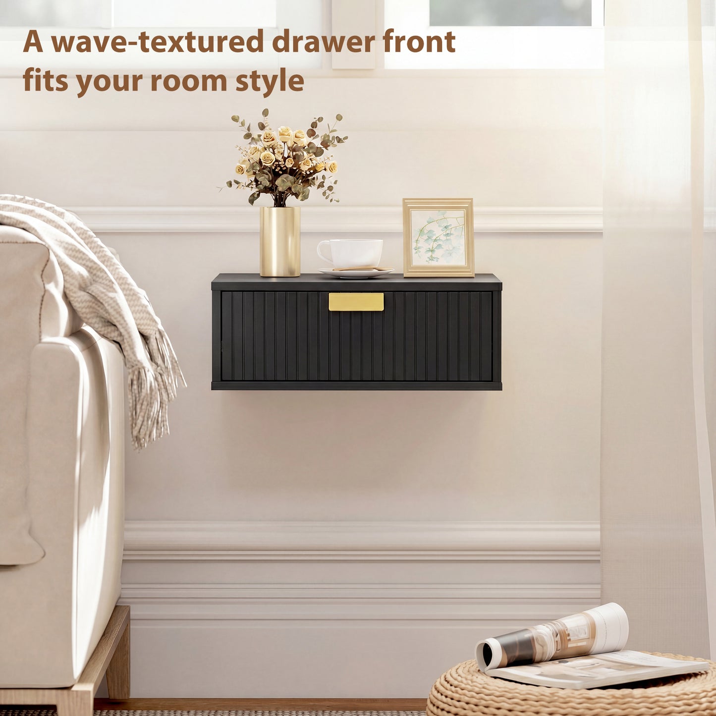Floating Nightstands Set of 2 Bedside Tables w/ Wave Drawer Black
