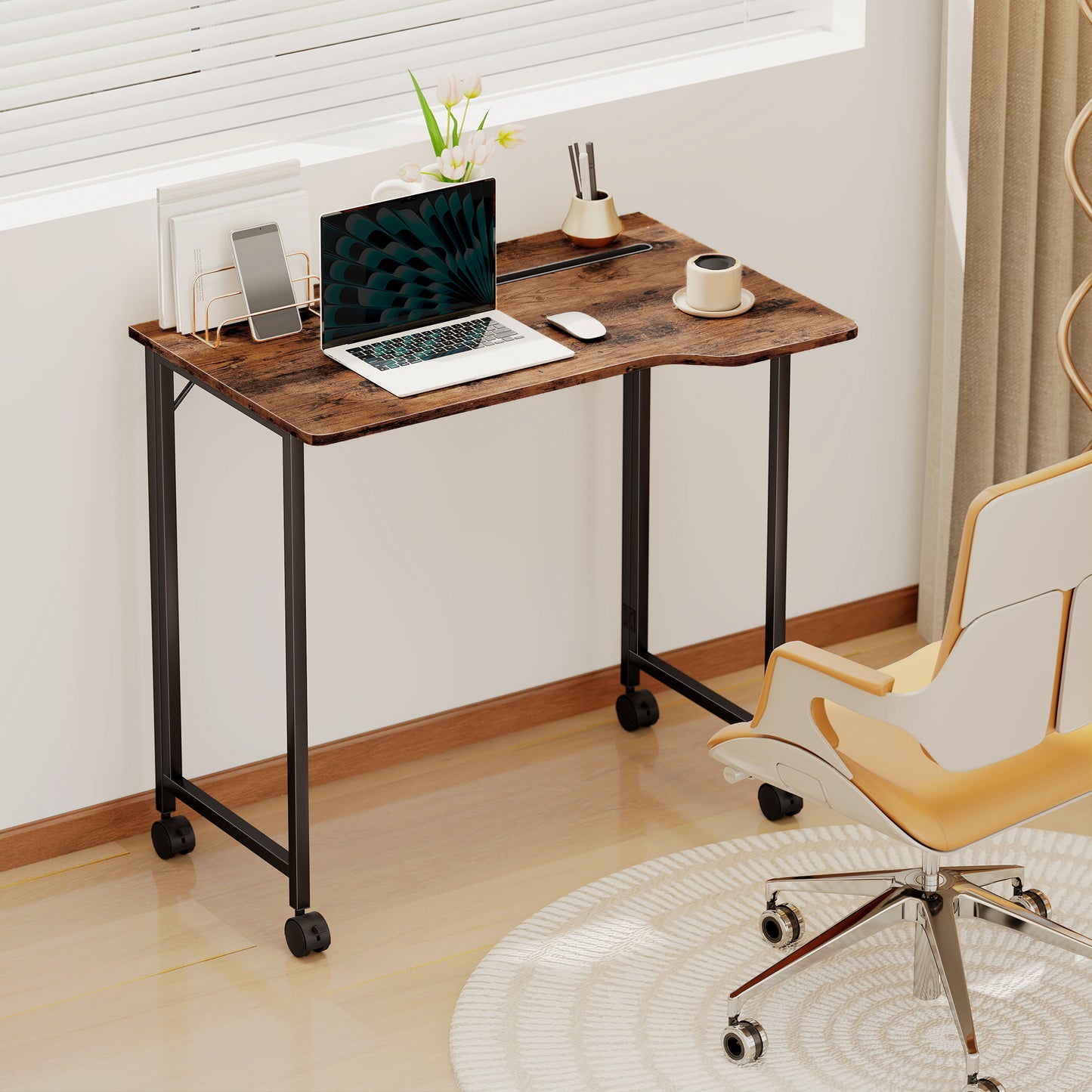 Small Writing Desk with Wheels, Folding Study Table, Rustic Brown